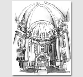 Schizzo in chiaroscuro del presbiterio del Santuario di Sommariva del Bosco